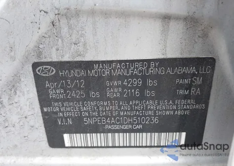 2013 Hyundai Sonata Gls z USA, uszkodzony, nr VIN 5NPEB4AC1DH510236